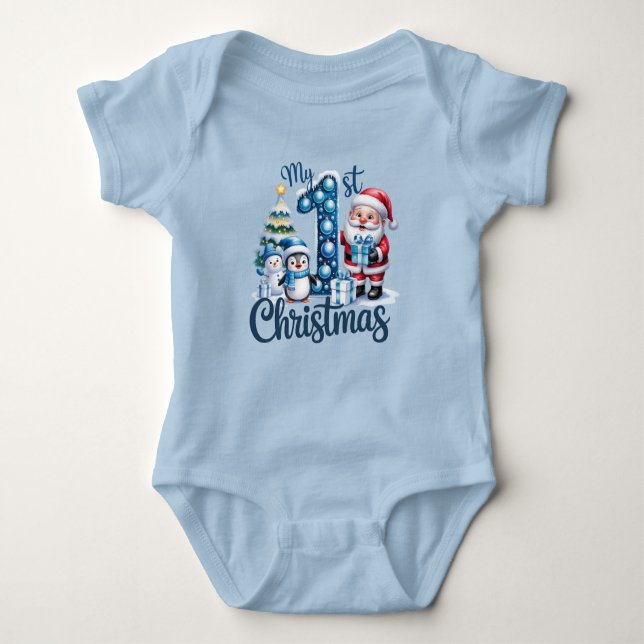 Baby Boy's First Christmas Blue Baby Bodysuit (Front)