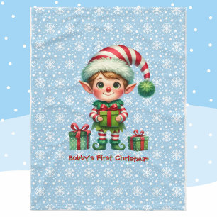 Baby Boy's First Christmas Personalise Name Blue Fleece Blanket