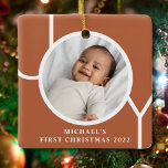 Baby Boy's First Christmas Photo Terracotta Ceramic Ornament<br><div class="desc">This simple Baby Boy's First Christmas Photo Ornament is decorated with the word JOY on a terracotta background.
Easily customisable with your photo,  name,  and year.</div>