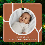 Baby Boy's First Christmas Photo Terracotta Ceramic Ornament<br><div class="desc">This simple Baby Boy's First Christmas Photo Ornament is decorated with the word JOY on a terracotta background.
Easily customisable with your photo,  name,  and year.</div>