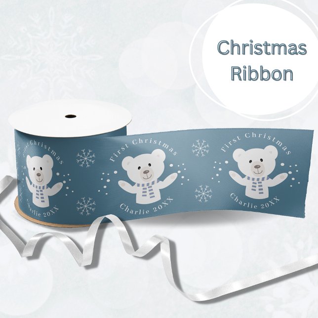 Baby Boys First Christmas Polar Bear Blue Satin Ribbon (Creator Uploaded)