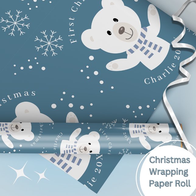 Baby Boys First Christmas Polar Bear Blue Wrapping Paper (Creator Uploaded)