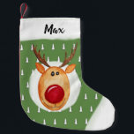 Baby Boy's First Christmas Rudolph Tree with Name Small Christmas Stocking<br><div class="desc">This adorable 'ugly sweater' design features a watercolor-style Rudolph the reindeer,  as well as doodle Christmas trees and space for you to personalise the item using your baby boy's name. Perfect for you baby's first Christmas season!</div>