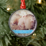 Baby Boy's First Christmas Snowflakes Blue Silver Metal Ornament<br><div class="desc">This sweet keepsake design features white and silver glitter snowflakes with space for one photo to commemorate Baby Boy's 1st Christmas! The collection of coordinating products is available in our shop, zazzle.com/store/doodlelulu. Contact us if you need this design applied to a specific product to create your own unique matching item!...</div>