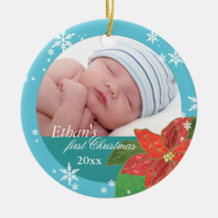 Baby Boy's First Christmas Teal Photo Ornaments