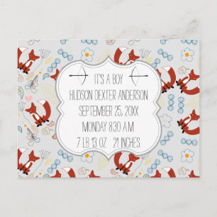 Baby Boy's Photo Fox Woodland Birth Record Stats Postcard