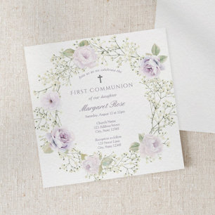 Baby Breath and Purple Roses Girl Communion Invitation