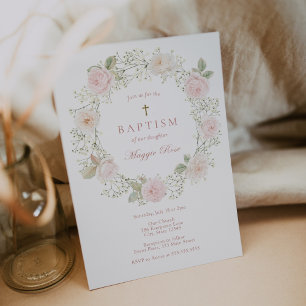 Baby Breath Flowers and Roses Baptism Invitation