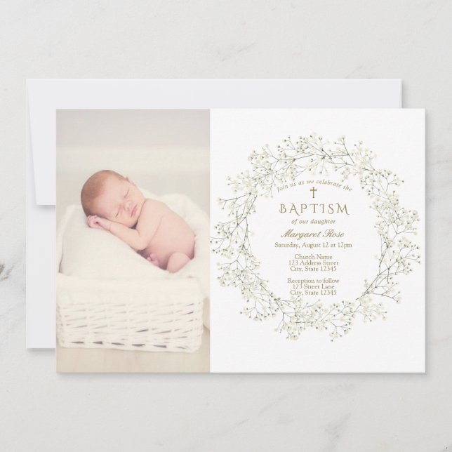 Baby Breath Flowers Baptism Photo Invitation (Front)