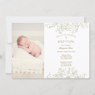 Baby Breath Flowers Baptism Photo Invitation