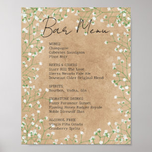 Baby Breath Flowers Rustic Wedding Bar Menu Sign