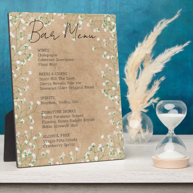   Baby Breath Flowers Rustic Wedding Bar Menu Sign Plaque (Side)