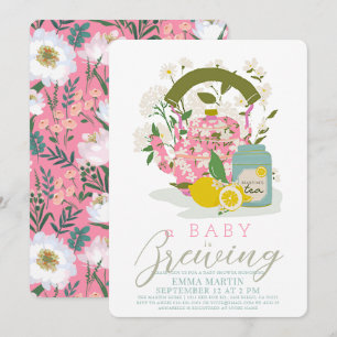 Baby Brewing Pink Floral Tea Party Baby Shower Invitation