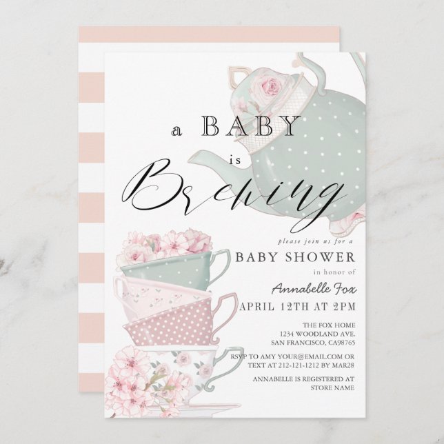 Baby Brewing Pink Tea Party Baby Shower Invitation (Front/Back)