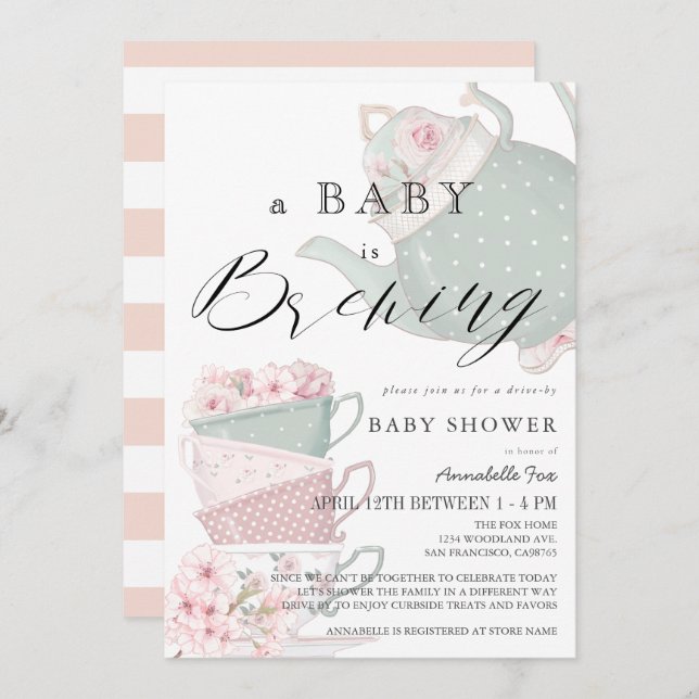 Baby Brewing Pink Tea Party Drive-by Baby Shower Invitation (Front/Back)