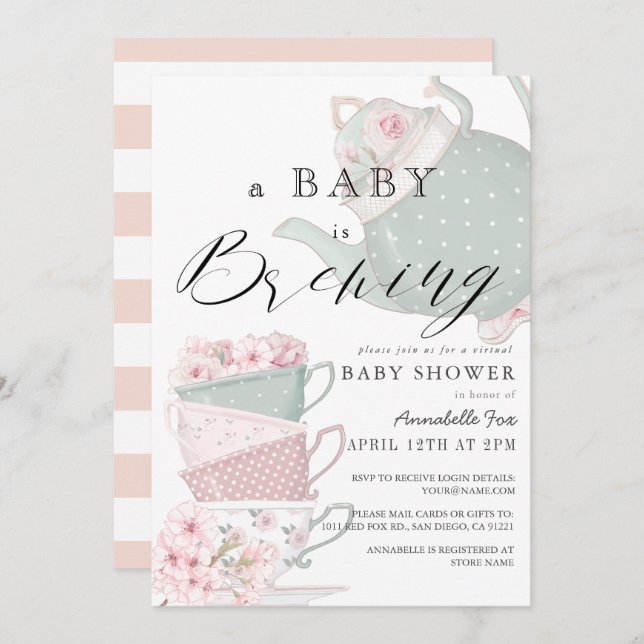 Baby Brewing Pink Tea Party Virtual Baby Shower Invitation (Front/Back)