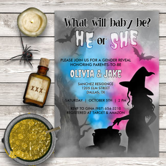 Baby Brewing Spooky Witch Halloween Gender Reveal Invitation