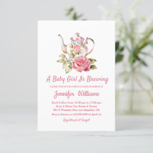 baby brewing tea party girl baby shower pink invitation