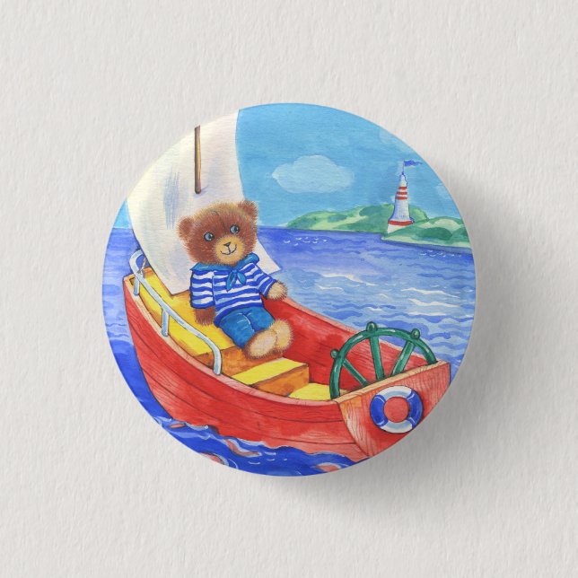 baby brooch - bear in a boat on the sea 3 cm round badge (Front)