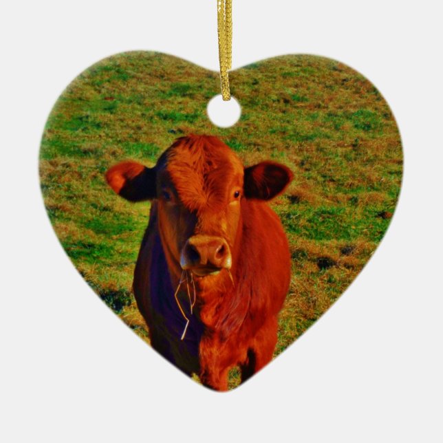 BABY BROWN COW EATING CERAMIC ORNAMENT (Front)