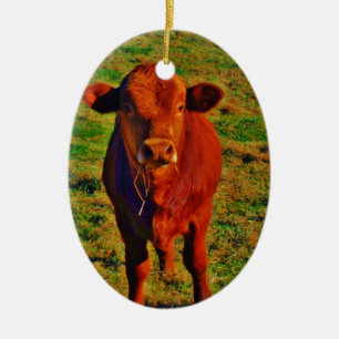 BABY BROWN COW EATING CERAMIC TREE DECORATION