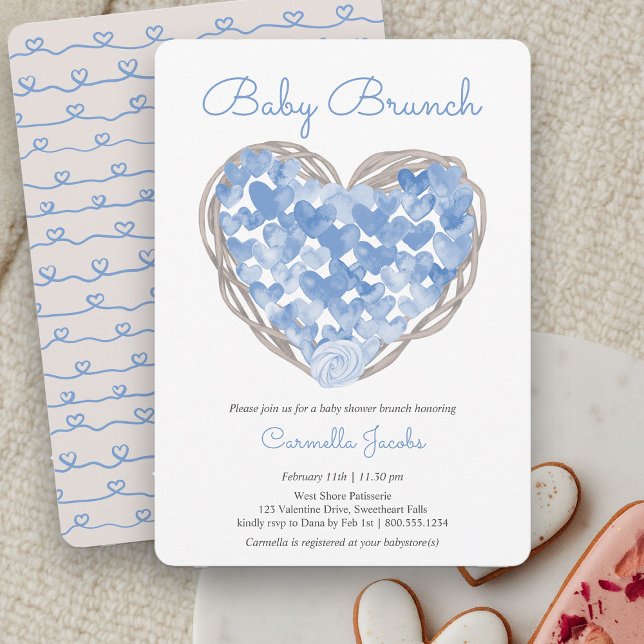 Baby Brunch Blue Hearts Rustic Boy Baby Shower Invitation (Baby Brunch Rustic Blue Heart Baby Shower Invitation)