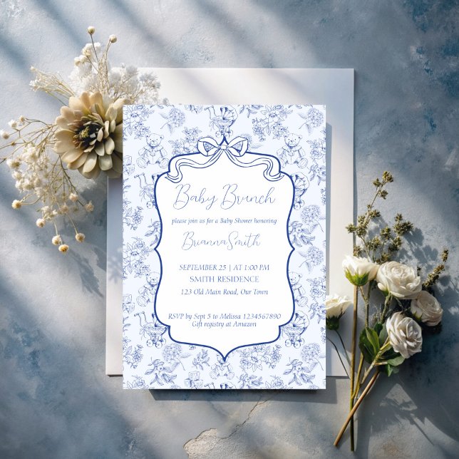 Baby brunch blue toile de jouy sketch baby shower invitation (Baby brunch blue toile de jouy vintage cute baby toys sketch baby shower invitation template)