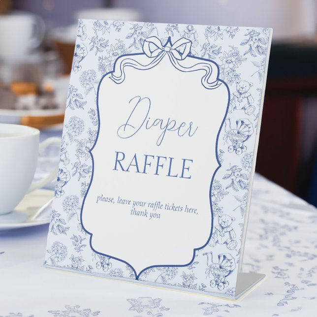 Baby brunch blue toile ribbon diaper raffle sign (Baby brunch blue toile ribbon baby shower diaper raffle table sign personalized table signs)