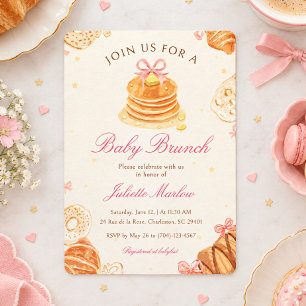 Baby Brunch Pancakes Pink Bow Girl Baby Shower Invitation