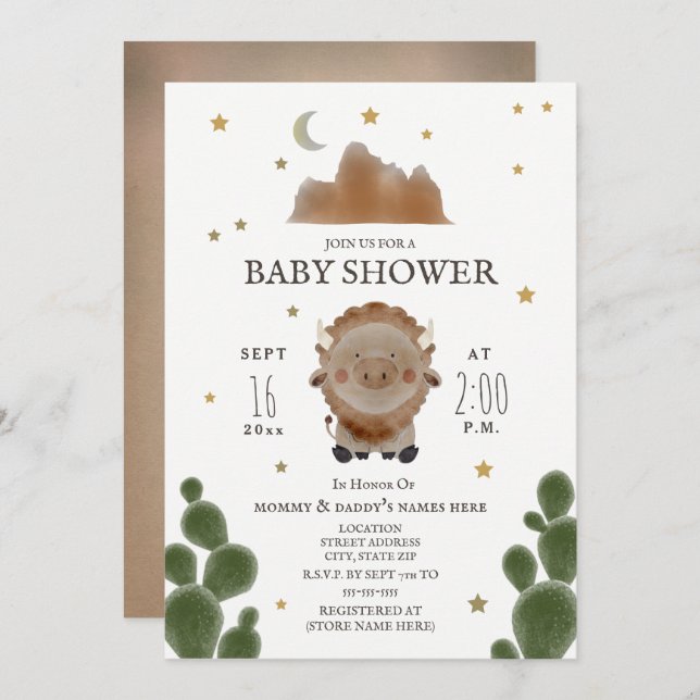 Baby Buffalo Mountain Cactus Stars Baby Shower Invitation (Front/Back)