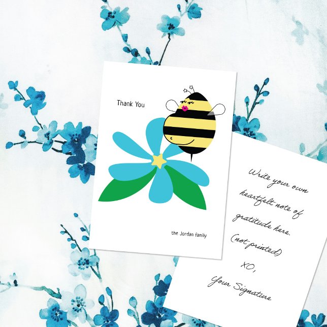 Baby Bump Mum Bee Sky Blue Flower Thank You Card (Creator Uploaded)