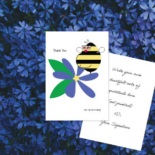 Baby Bump Mum Bee with Glasses Blue Flower Thank You Card
