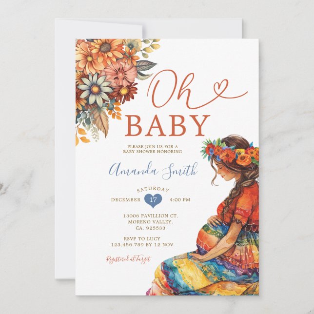 Baby Bump Shower Pregnant Belly Colourful Floral Invitation (Front)