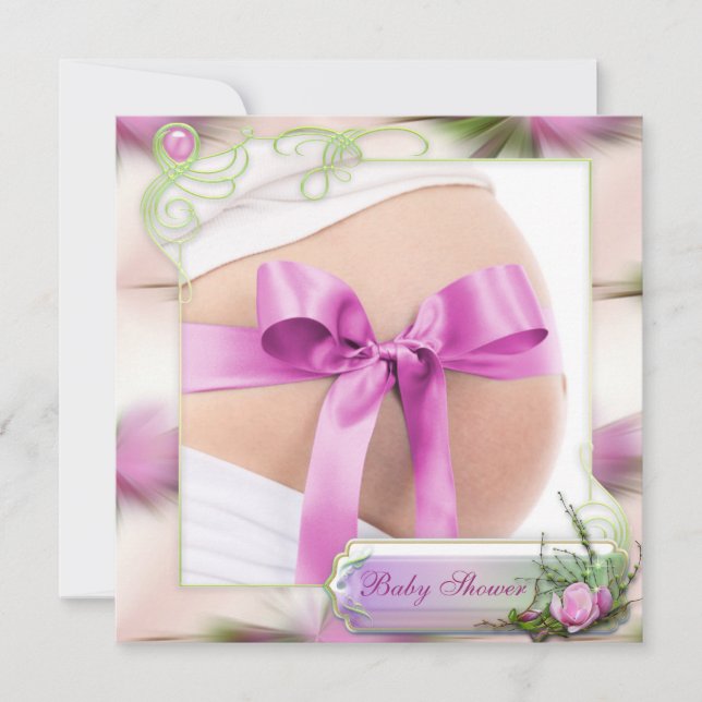 Baby Bump with Pink Bow Pink Magnolia Baby Shower Invitation (Front)