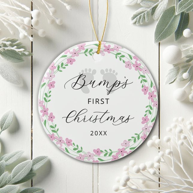 Baby Bump's First Christmas Pink Floral Holiday  Ceramic Ornament (Creator Uploaded)
