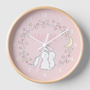 Baby Bunnies in a Wreath - Cute Personalised Kids Clock