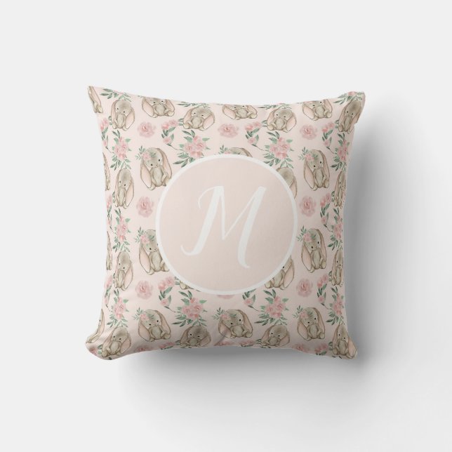 Baby Bunnies Pink Monogram Throw Pillow (Front)
