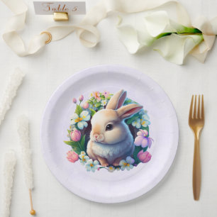 Baby Bunny among Colorful Spring Flowers Easter Paper Plate