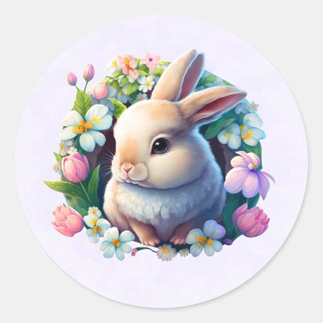 Baby Bunny among Colourful Spring Flowers Classic Round Sticker (Front)