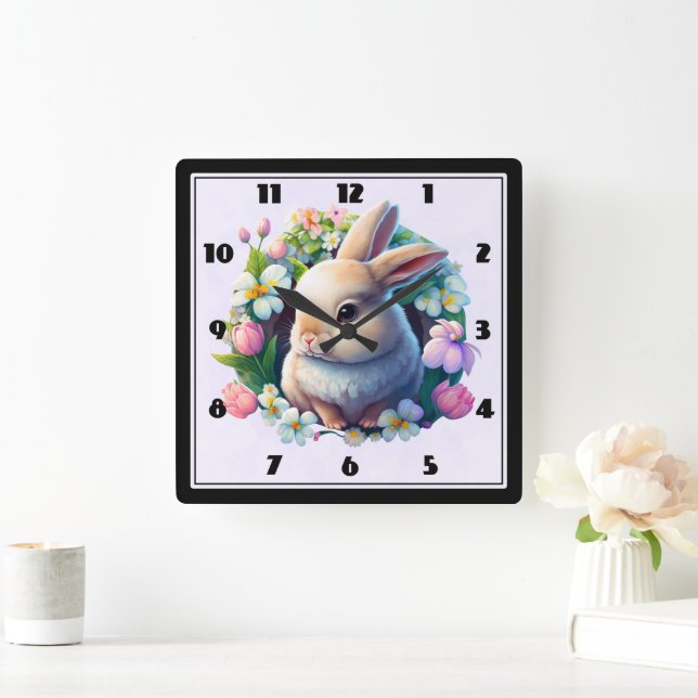 Baby Bunny among Colourful Spring Flowers Square Wall Clock (Home)