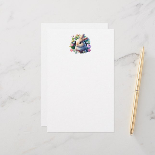 Baby Bunny among Colourful Spring Flowers Stationery (Front/Back In Situ)