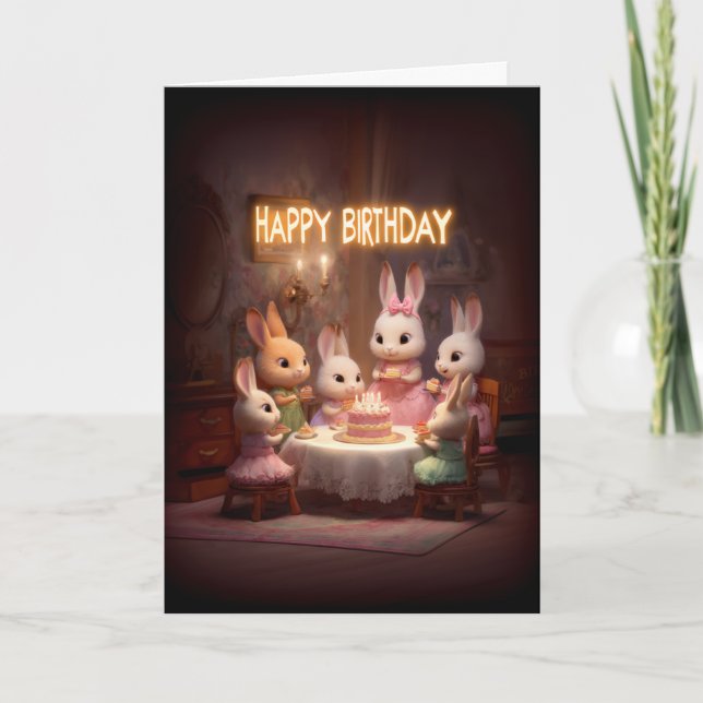 Baby Bunny Birthday Party Cake Candle Celebration Card (Front)