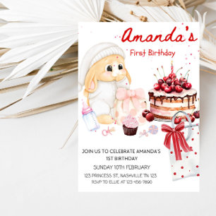 Baby Bunny & Cake Girl’s 1st Birthday Party  Invitation