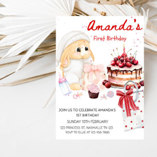 Baby Bunny & Cake Girl’s 1st Birthday Party  Invitation