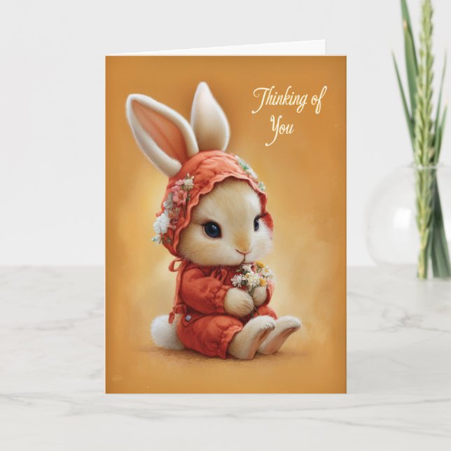 Baby Bunny in Cozy Red Bonnet Thinking of You Card (Front)