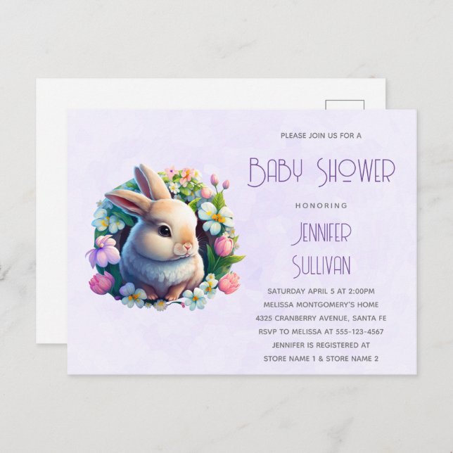 Baby Bunny in Spring Flowers Baby Shower Invitation Postcard (Front/Back)