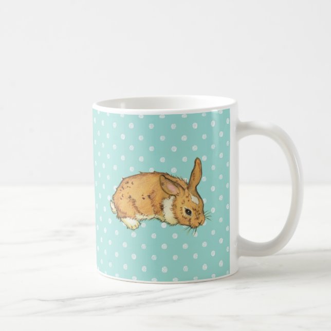 baby bunny on teal polka dot background coffee mug (Right)