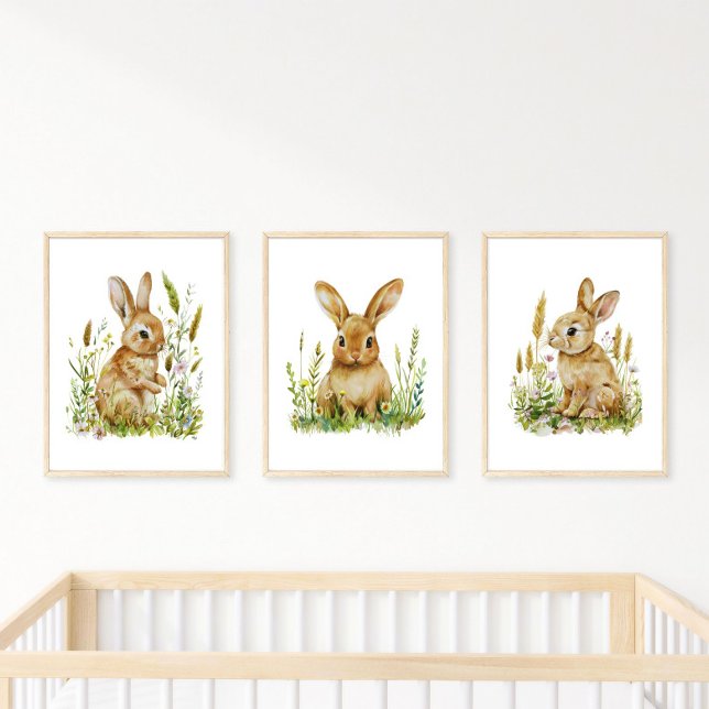Baby Bunny Rabbit Wildflowers Nursery Baby Gift (Cute Adorable Baby Bunnies Nursery Wall Art prints, set of three. Gender Neutral. Baby Boy Baby girl)
