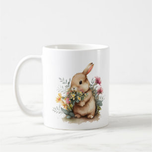 Baby Bunny Rabbit with Purple Yellow Flowers Coffee Mug