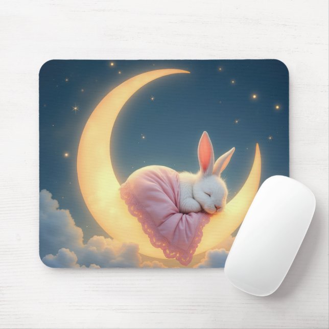 Baby Bunny Sleeping on a Moon Mouse Pad (With Mouse)